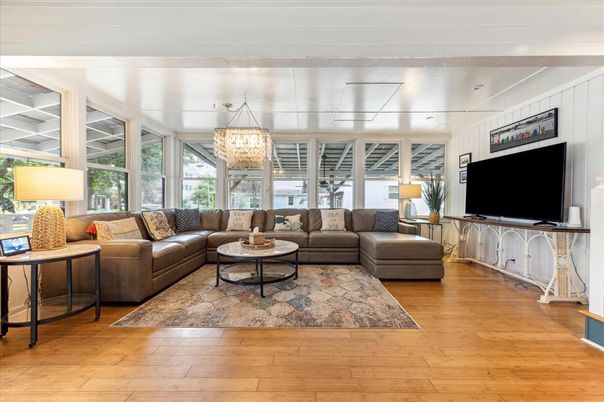 Chandelier, Interior, Living room, Wood Texture Flooring
