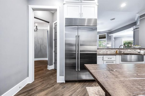 Interior, Kitchen, Recessed Lighting, Stainless Steel Appliances, Wood Texture Flooring