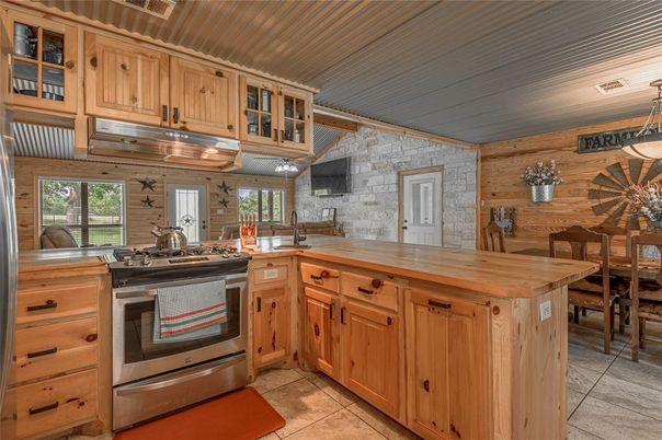Dining room, Interior, Kitchen, Stainless Steel Appliances, Stone Walls, Wooden Walls