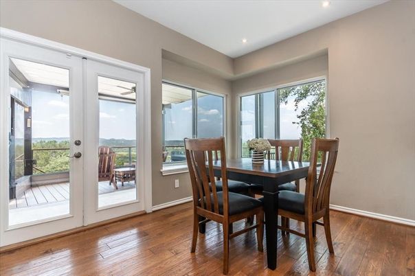 Dining room, Interior, Recessed Lighting, Wood Texture Flooring