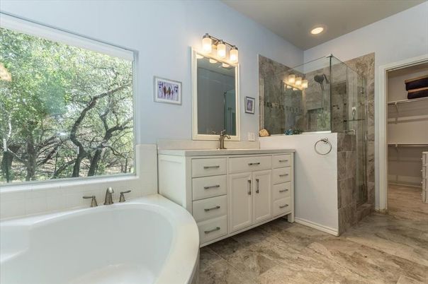 Bathroom, Dual Sink Vanities, Free Standing Baths, Glass Shower, Interior, Recessed Lighting