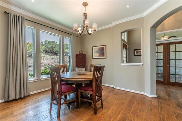 Chandelier, Dining room, Interior, Recessed Lighting, Wood Texture Flooring