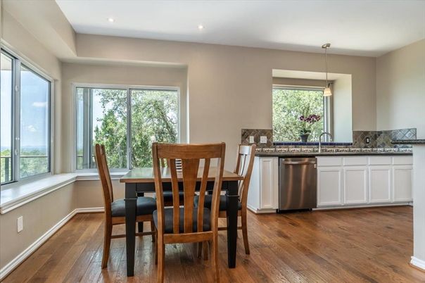 Dining room, Interior, Pendant Lights, Recessed Lighting, Wood Texture Flooring