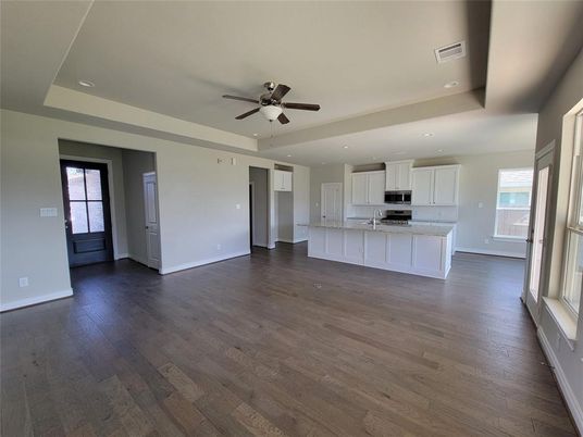 Empty room, Interior, Kitchen, Recessed Lighting, Wood Texture Flooring