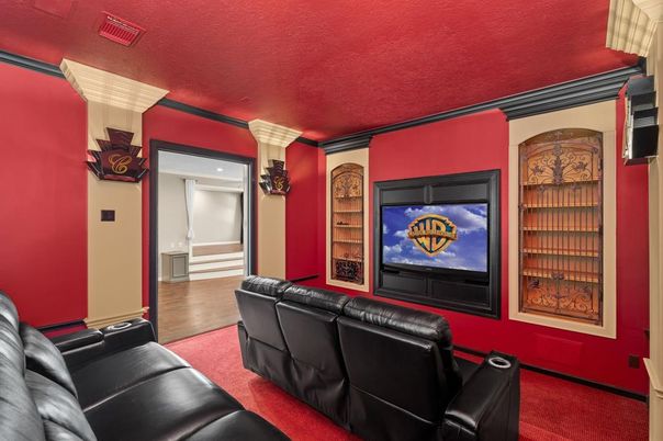 Home Theatre Room, Interior, Projection Screen, Recessed Lighting, Theatre Room, Wood Texture Flooring