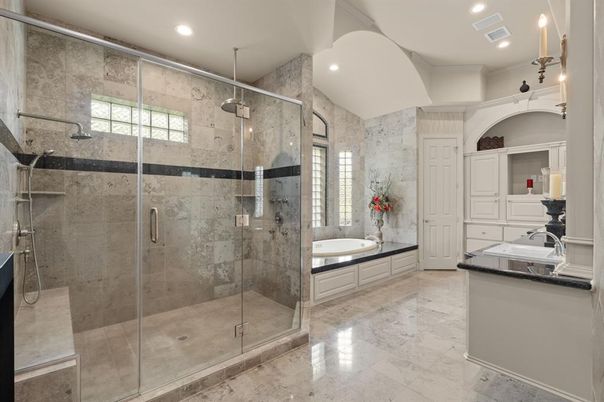 Bathroom, Dual Sink Vanities, Glass Shower, Interior, Recessed Lighting