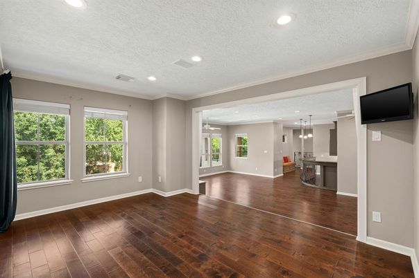 Empty room, Interior, Kitchen, Pendant Lights, Recessed Lighting, Wood Texture Flooring