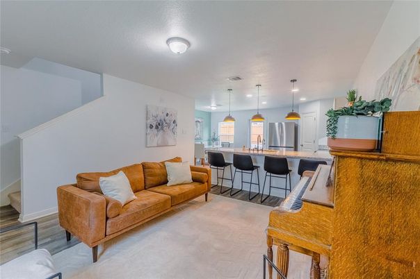 Interior, Kitchen, Living room, Pendant Lights, Piano, Recessed Lighting, Wood Texture Flooring