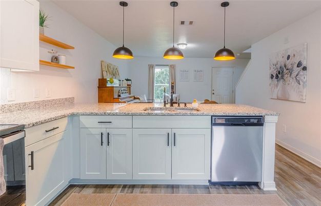 Interior, Kitchen, Pendant Lights, Wood Texture Flooring