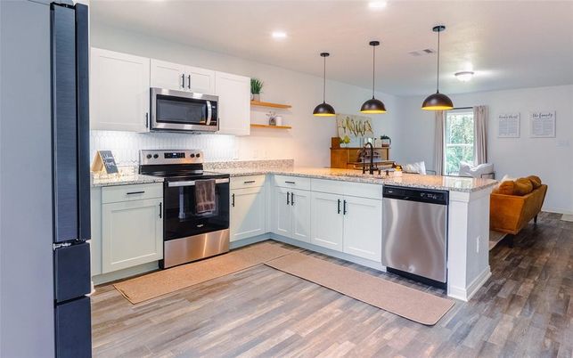 Interior, Kitchen, Pendant Lights, Recessed Lighting, Stainless Steel Appliances, Wood Texture Flooring