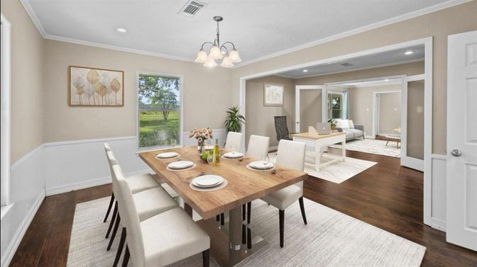 Chandelier, Dining room, Interior, Living room, Recessed Lighting, Wood Texture Flooring