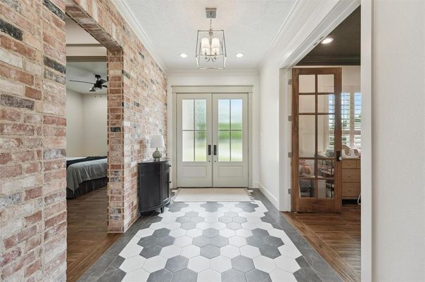 Bedroom, Interior, Pendant Lights, Recessed Lighting, Stone Walls, Wood Texture Flooring