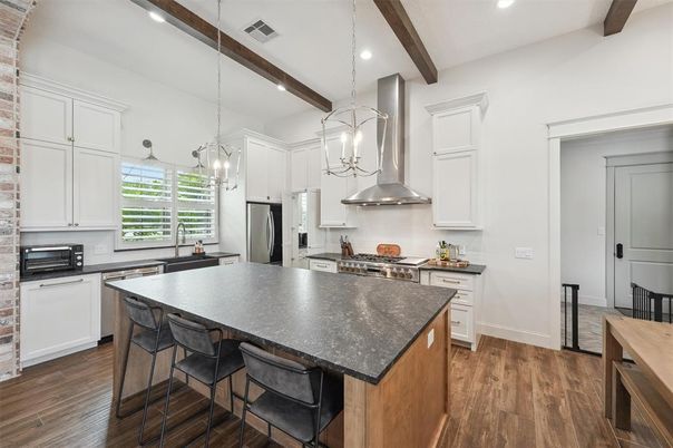 Interior, Kitchen, Pendant Lights, Recessed Lighting, Stainless Steel Appliances, Wooden Beams, Wood Texture Flooring