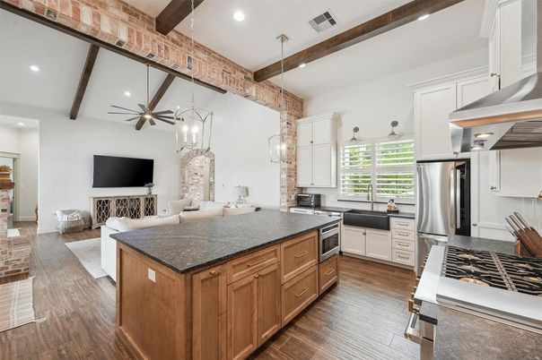 Interior, Kitchen, Living room, Pendant Lights, Recessed Lighting, Stainless Steel Appliances, Wooden Beams, Wood Texture Flooring