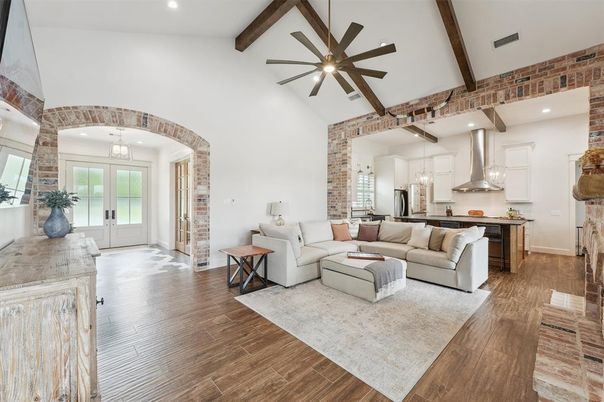 Interior, Kitchen, Living room, Pendant Lights, Recessed Lighting, Stone Walls, Wooden Beams, Wood Texture Flooring