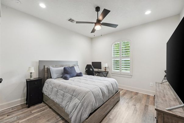 Bedroom, Interior, Recessed Lighting, Wood Texture Flooring
