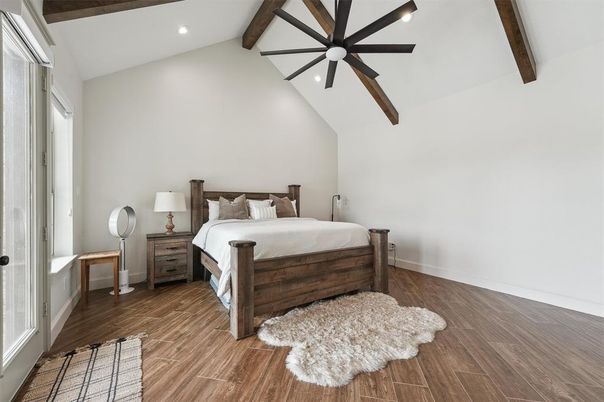 Bedroom, Interior, Recessed Lighting, Wooden Beams, Wood Texture Flooring