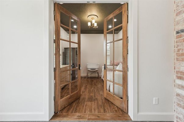Bathroom, Interior, Stone Walls, Wood Texture Flooring