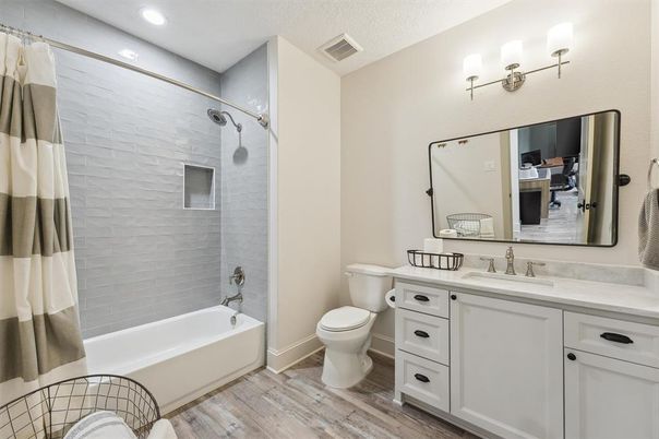 Bathroom, Interior, Recessed Lighting, Wood Texture Flooring