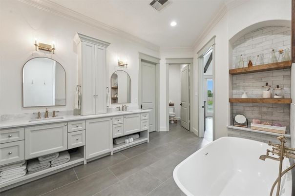 Bathroom, Dual Sink Vanities, Free Standing Baths, Interior, Recessed Lighting