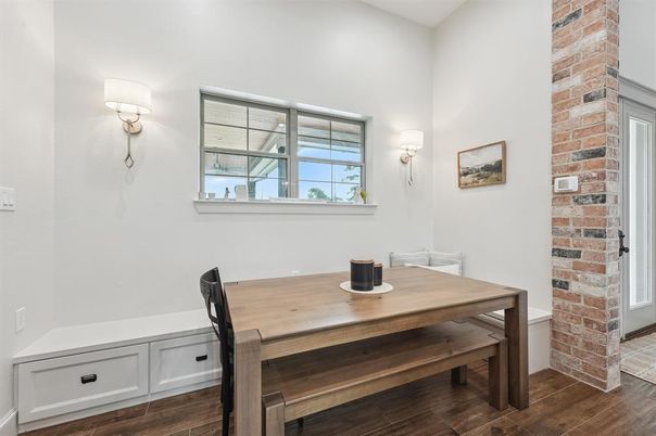 Dining room, Interior, Stone Walls, Wood Texture Flooring