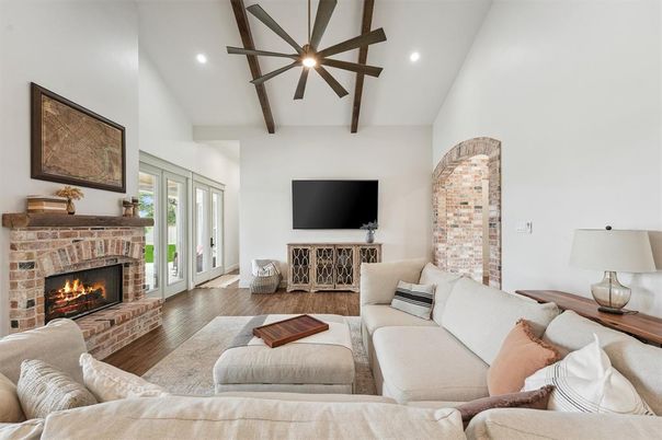 Fireplace, Interior, Living room, Recessed Lighting, Wooden Beams, Wood Texture Flooring