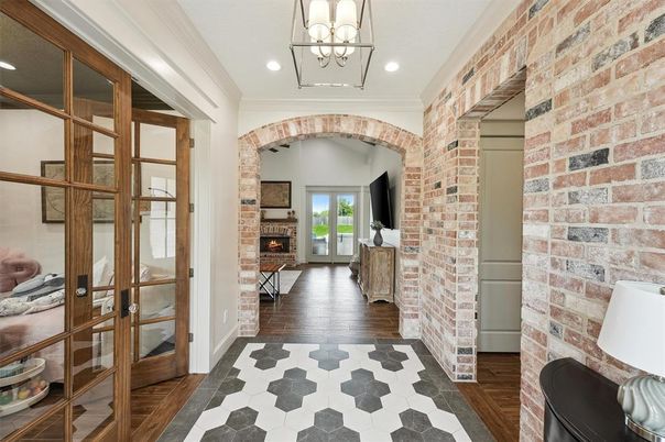 Fireplace, Interior, Pendant Lights, Recessed Lighting, Stone Walls, Wood Texture Flooring