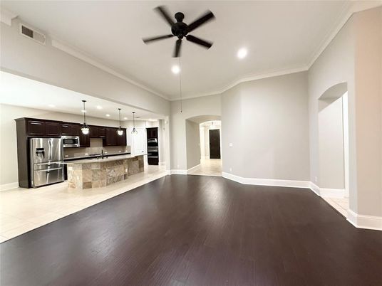 Interior, Kitchen, Pendant Lights, Recessed Lighting, Stainless Steel Appliances, Wood Texture Flooring