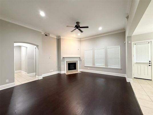 Empty room, Fireplace, Interior, Recessed Lighting, Wood Texture Flooring