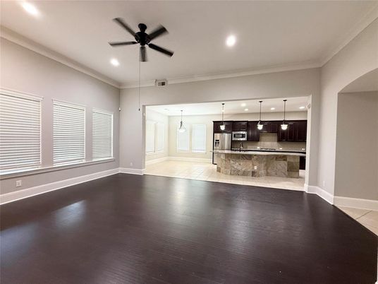 Empty room, Interior, Kitchen, Pendant Lights, Recessed Lighting, Wood Texture Flooring