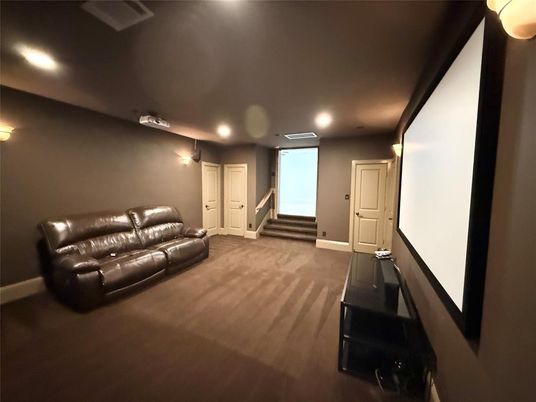 Interior, Projection Screen, Recessed Lighting, Theatre Room, Wood Texture Flooring