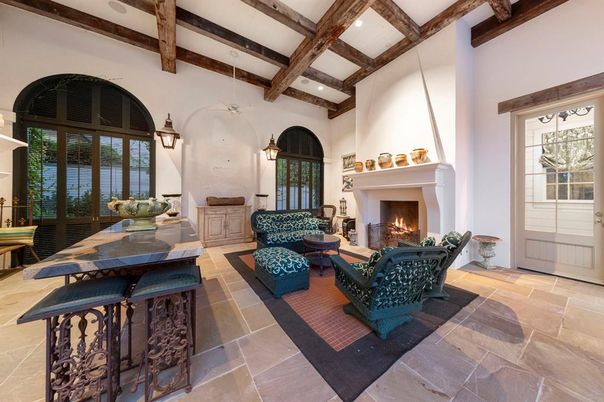 Fireplace, Interior, Living room, Recessed Lighting, Wooden Beams