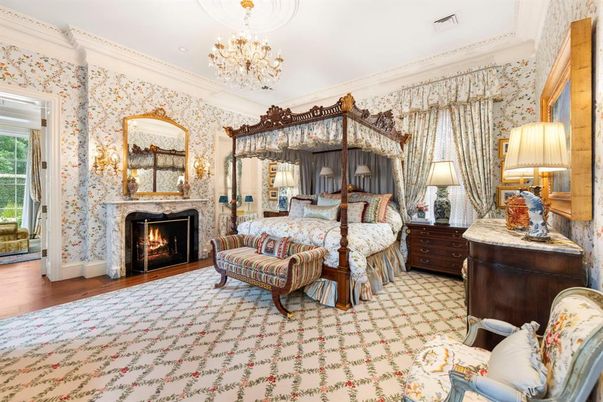 Bedroom, Chandelier, Fireplace, Interior, Recessed Lighting, Wood Texture Flooring