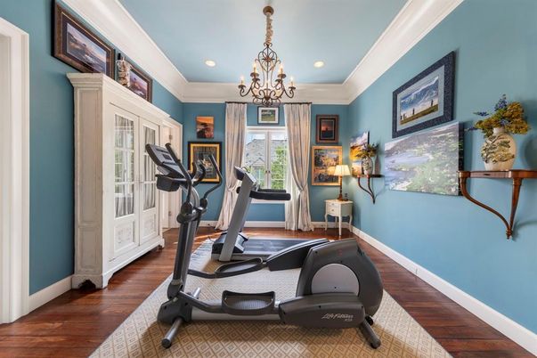 Chandelier, Fitness Equipment, Interior, Recessed Lighting, Wood Texture Flooring