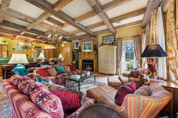 Chandelier, Fireplace, Interior, Living room, Recessed Lighting, Wooden Beams