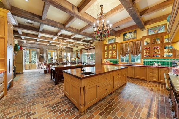Chandelier, Interior, Kitchen, Recessed Lighting, Wooden Beams