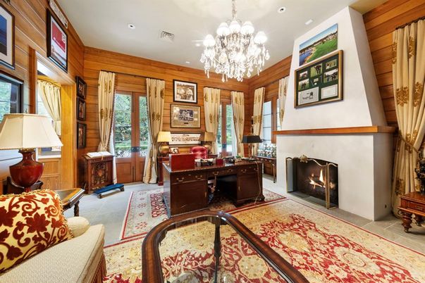 Chandelier, Fireplace, Home Office, Interior, Recessed Lighting, Wooden Walls