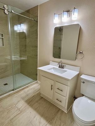 Bathroom, Glass Shower, Interior, Wood Texture Flooring