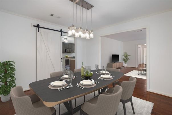 Dining room, Interior, Kitchen, Pendant Lights, Stainless Steel Appliances, Wood Texture Flooring