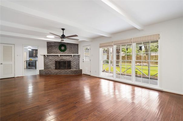Empty room, Fireplace, Interior, Stone Walls, Wood Texture Flooring