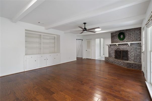 Empty room, Fireplace, Interior, Stone Walls, Wood Texture Flooring