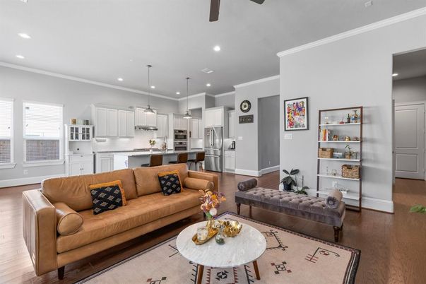 Interior, Kitchen, Living room, Pendant Lights, Recessed Lighting, Stainless Steel Appliances, Wood Texture Flooring