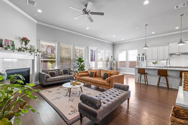 Fireplace, Interior, Kitchen, Living room, Pendant Lights, Recessed Lighting, Wood Texture Flooring