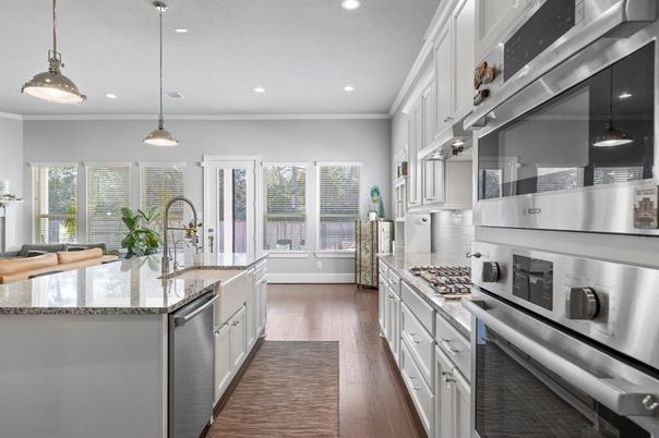 Interior, Kitchen, Pendant Lights, Recessed Lighting, Stainless Steel Appliances, Wood Texture Flooring