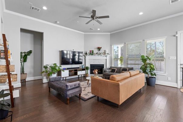 Fireplace, Interior, Living room, Recessed Lighting, Wood Texture Flooring