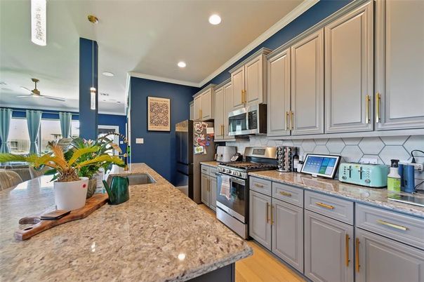 Interior, Kitchen, Recessed Lighting, Stainless Steel Appliances, Wood Texture Flooring