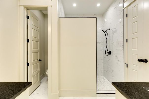 Bathroom, Glass Shower, Interior, Marble, Marble Walls, Recessed Lighting