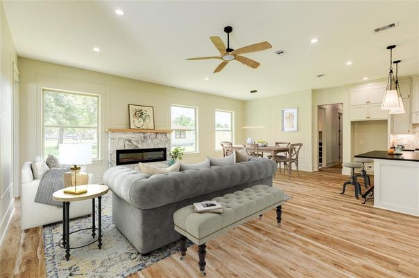 Dining room, Fireplace, Interior, Kitchen, Living room, Pendant Lights, Recessed Lighting, Wood Texture Flooring