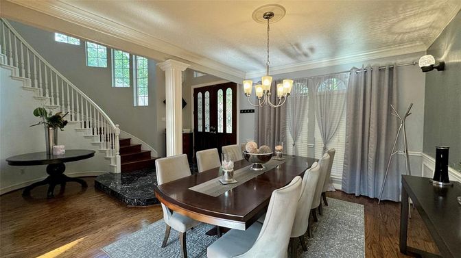 Dining room, Interior, Pendant Lights, Wood Texture Flooring