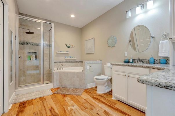 Bathroom, Glass Shower, Interior, Recessed Lighting, Wood Texture Flooring